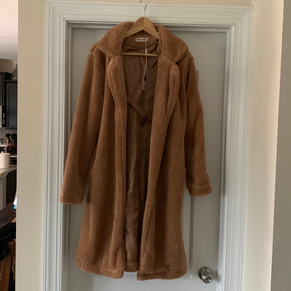Fuzzy fleece lapel long cardigan